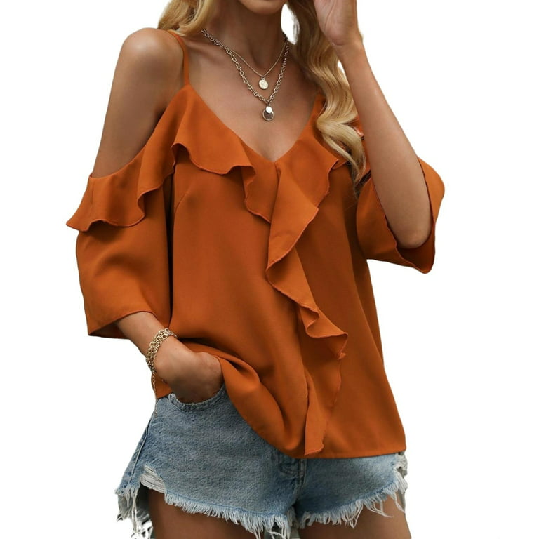 SKROWHN Women Blouses Off Shoulder Top Blouse For Women Summer Shirt Ladies  Tops Womens Tops And Blouses (Color : Orange, Size : L code) :  : Fashion