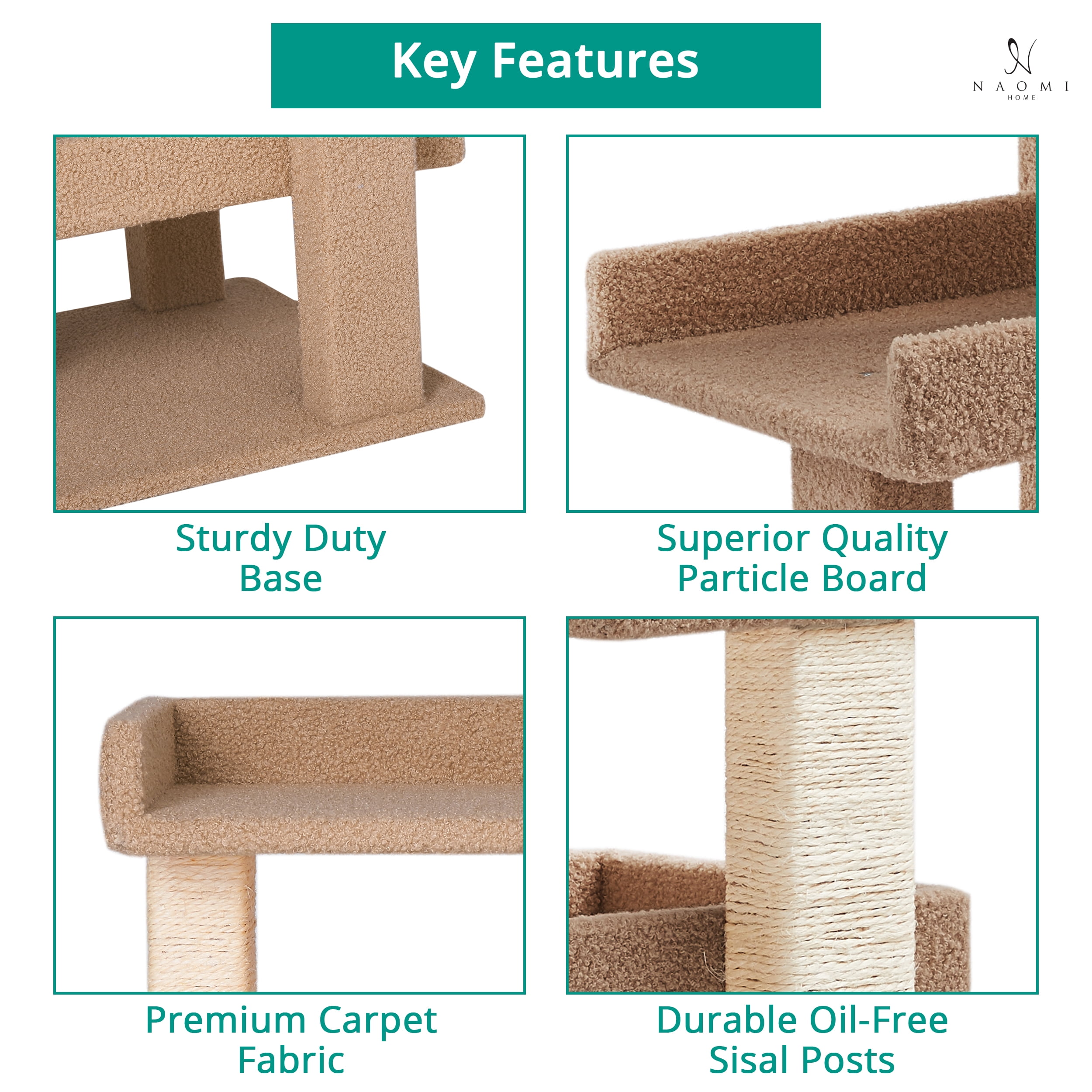 Nala 3-Tier Cat Tree Tower for Indoor Cats – Large Cat Tower & Cat Condo for Large Cats | Cat Tree House & Cat Castle for Multi-Cat Homes - Beige