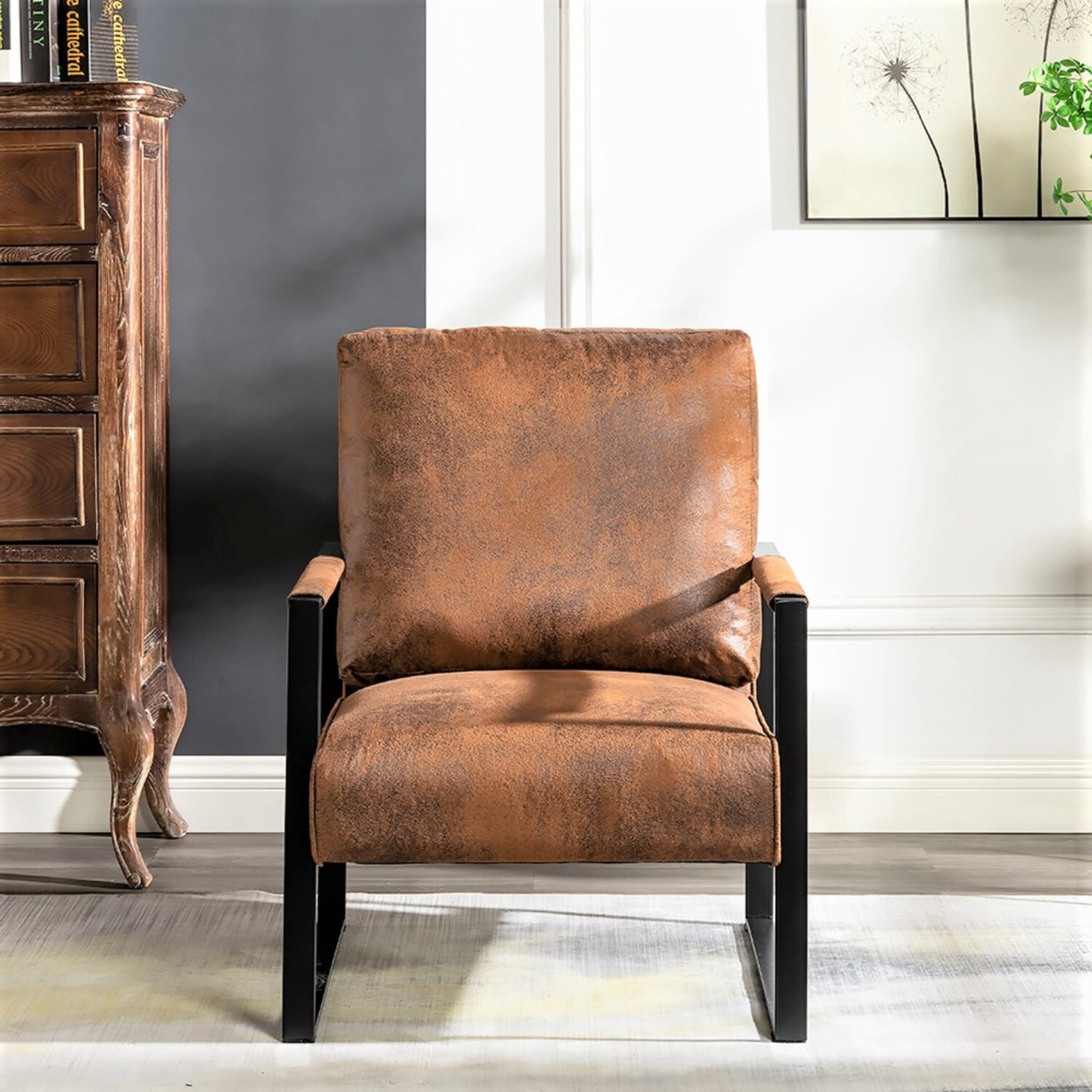 GDF Studio 25.4" Mid-Century Modern Accent Chair with Square Metal Frame, Microfiber Upholstery, Brown Yellow