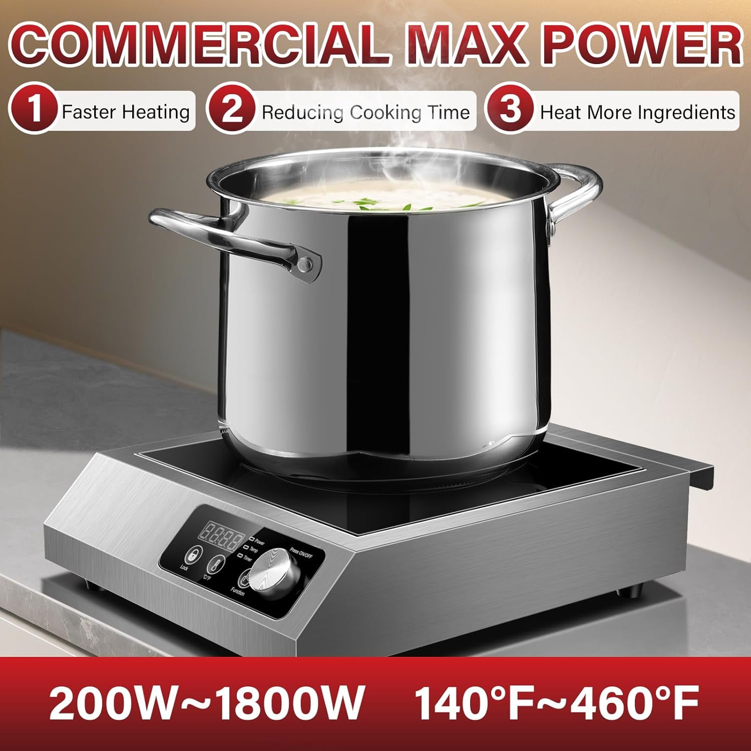 Commercial Induction Cooktop,1800W Induction Burner with sensor touch, knob and LCD screen,ETL-Certified Single Electric Burner,Ten level precise temperature control,Large 8” Heating Coil