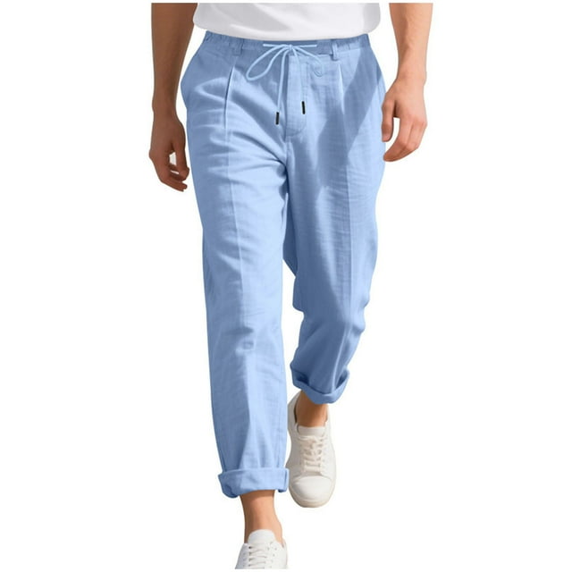hoksml Men Linen Pants Casual Beach Pants Lightweight Breathable Pants Solid Color Drawstring Tightness Waist Broad Legs Pants Loose Long Pants 2025 Clearance