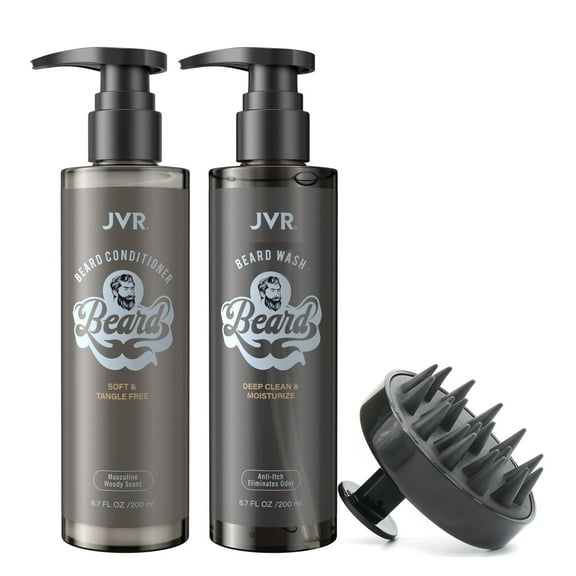 JVR Beard Wash & Conditioner & Silicone Beard Brush Gift Set with Coconut, Aloe, 3 Piece, (6.7oz)