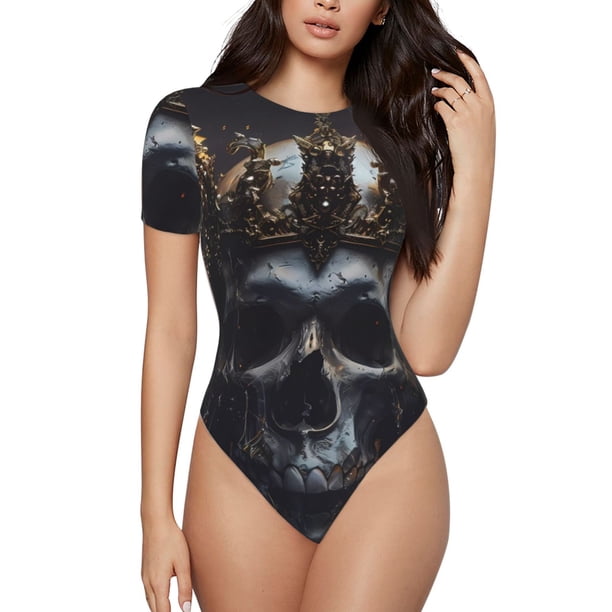 Balery Royal Skull With Golden Crown Body de cuello redondo de manga corta para mujer Tops de manga corta Tops básicos-XX-Large