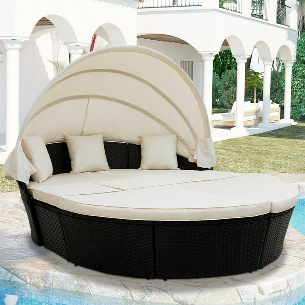 Patio Furniture Sets, 7 Piece Outdoor Round Wicker Daybed with