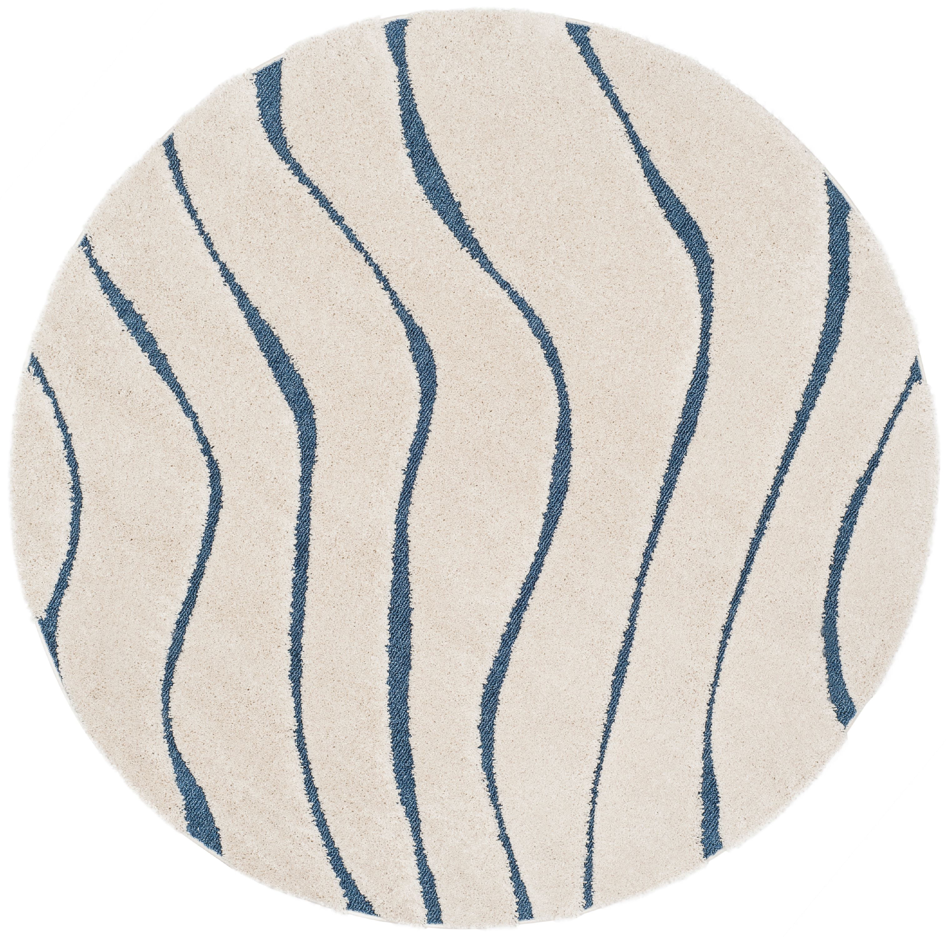 SAFAVIEH Florida Tabitha Geometric Waves Shag Area Rug, Cream/Blue, 6'7" x 6'7" Round