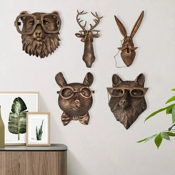 Joernso Vintage Animal Head Wall Decoration Home Office Living Room Wall Art Resin Bear Fox Mouse Deer Rabbit Figurine Statue Sculpture Wall Ornament