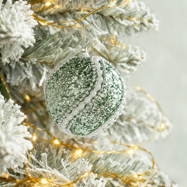 Bolas navideñas verdes flocadas | Juego de adornos navideños de espuma de 8 cm | Paquete de 6 adornos navideños para el hogar y fiestas