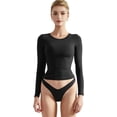 thumbnail image 1 of Women Double Lined Fitted Basic T Shirts Crew Neck Long Sleeve Crop Top, 1 of 6