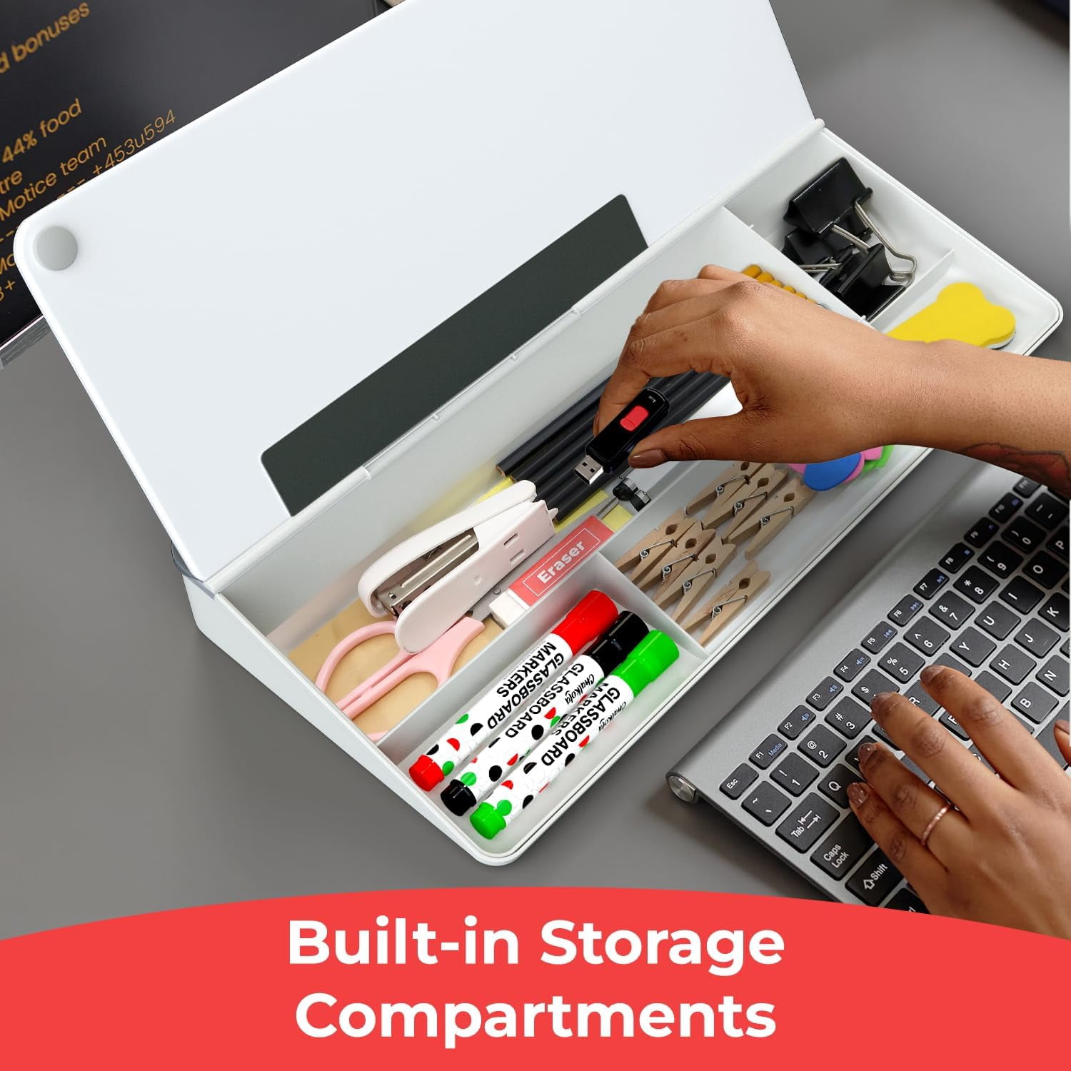 Glass Desktop Whiteboard With Storage - Dry Erase Board  Work Desk Organizers Computer Stand Home Office Accessories Small White Workspace Buddy + 3 Markers