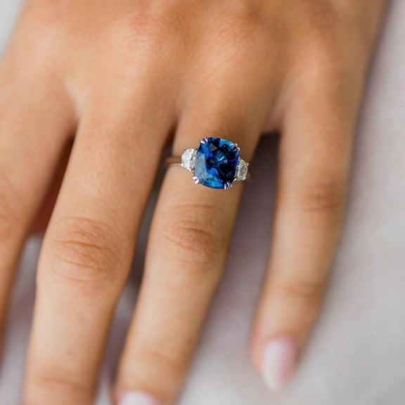 HeartsAndYou 3.2ct Natural Sapphire & Diamond Engagement Ring Trilogy 14k SOLID White Gold