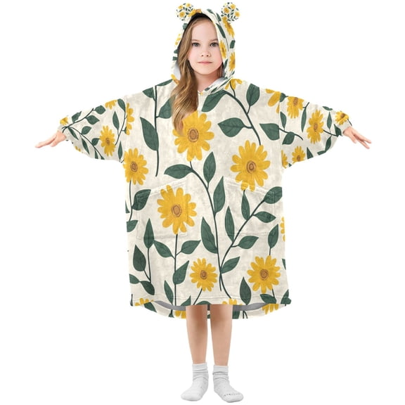 Wearable Blanket with Sleeves and Pocket Oversized Hooded Sweatshirt 3-14 YR Yellow Daisy Flowers S