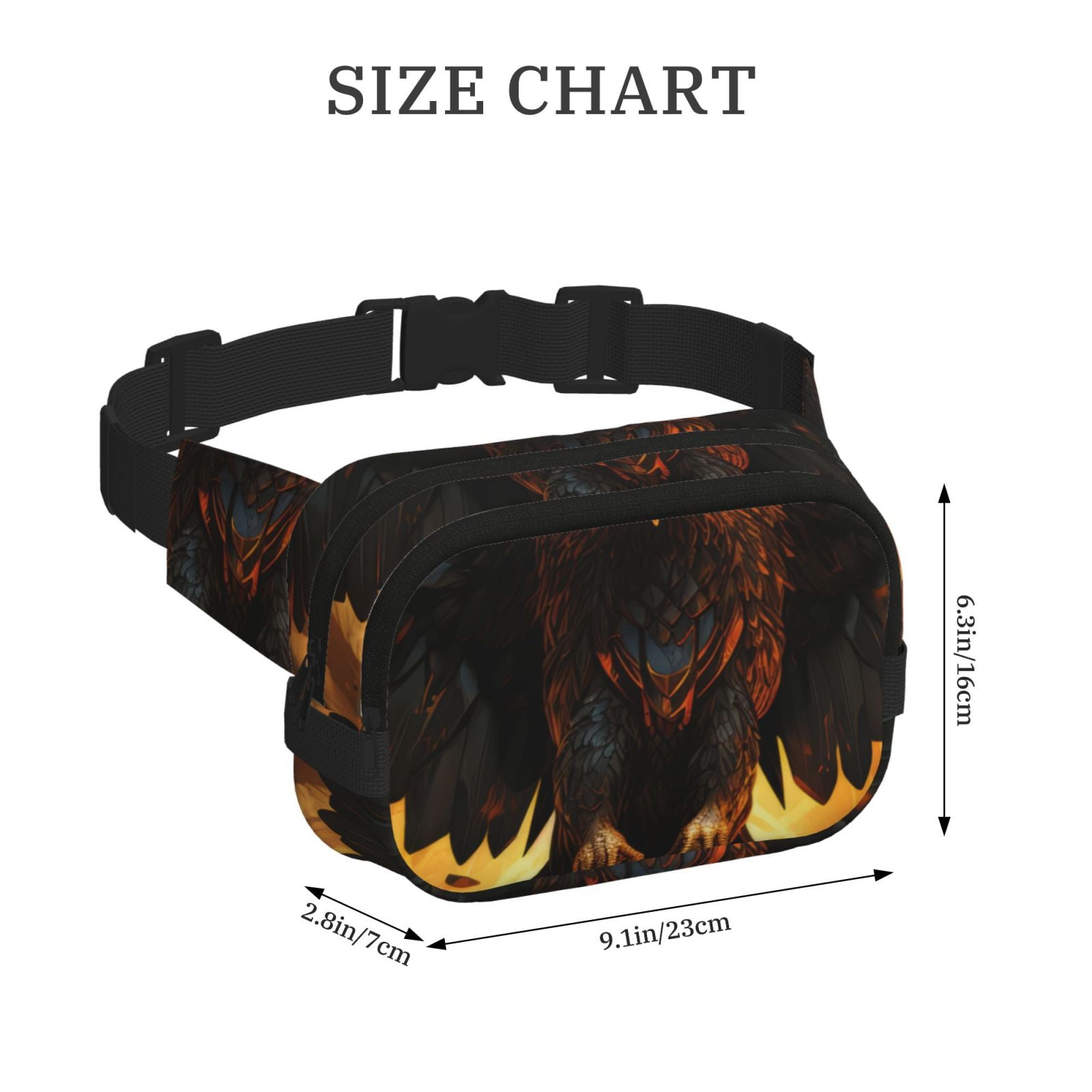 Picia Cool Black Eagle Print Square Double-Layer Waist Bag Mini Adjustable Waist Belt Bag Exercise Running Travel Hiking