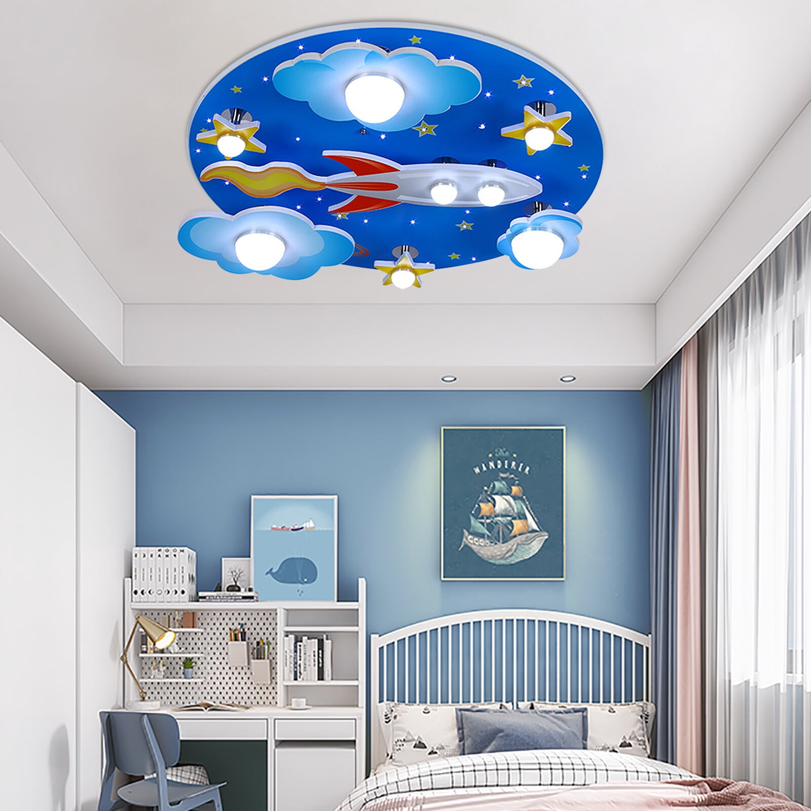 Modern Cartoon Adjustable Light Blue Star Rocket LED Ceiling Light Flush Mount Bedroom Room Lamp Fixture