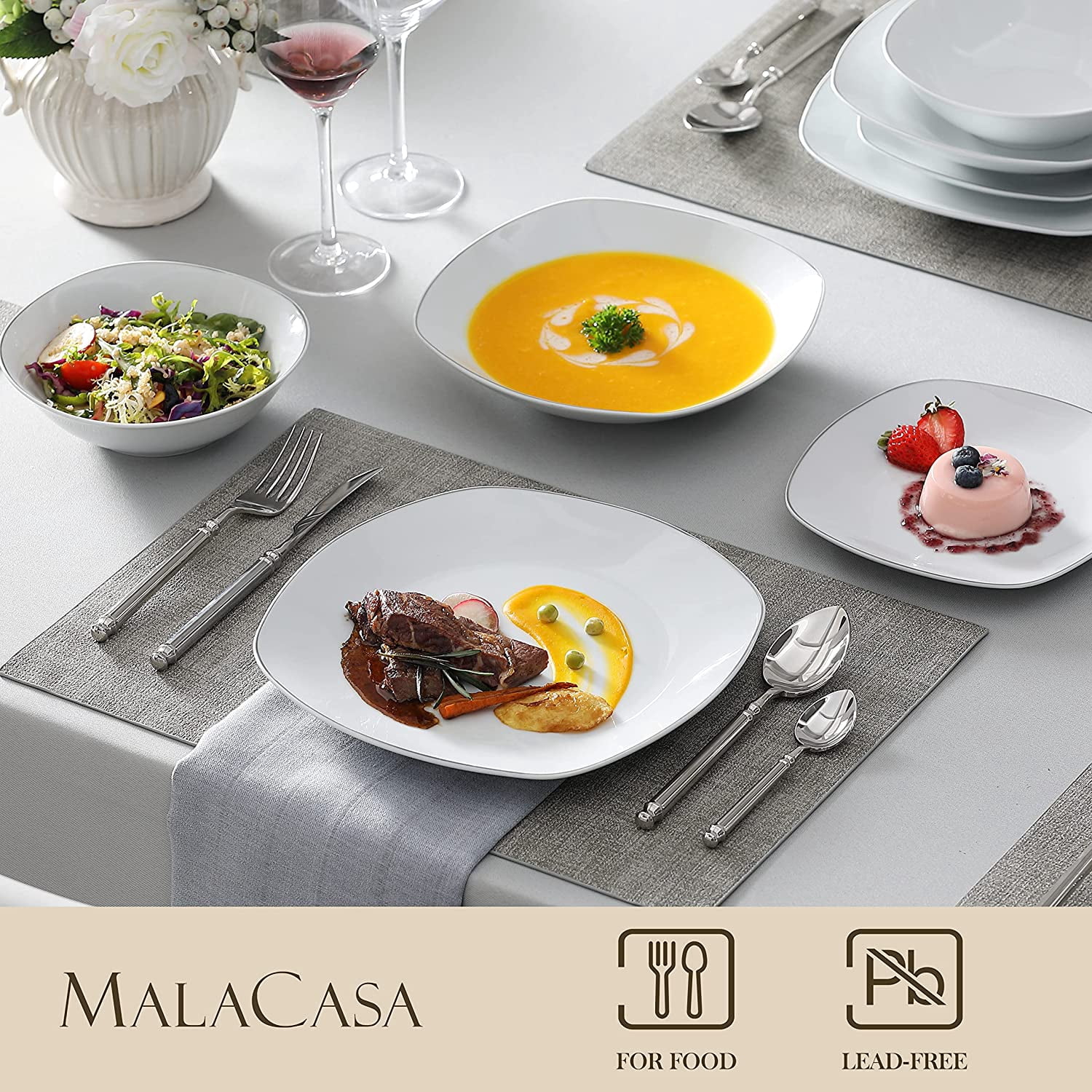 MALACASA Porcelain Dinnerware Sets, 24 Piece Round White Dishes With Silver Line, Dish set Service for 6, Series ELISA