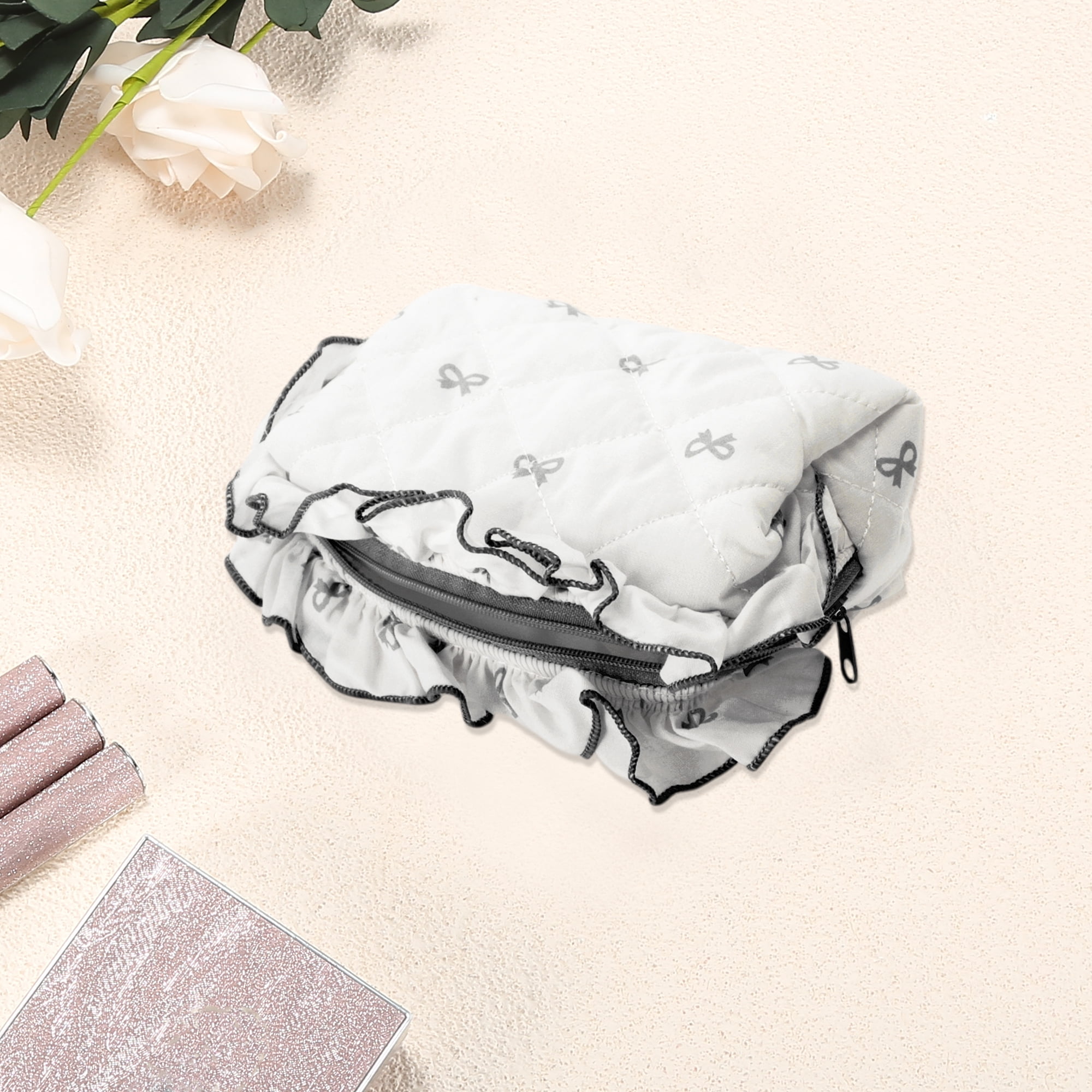 Unique Bargains 1 Pc Lace Bow Ruffles Makeup Bag for Everyday Use 3.94 in  Black