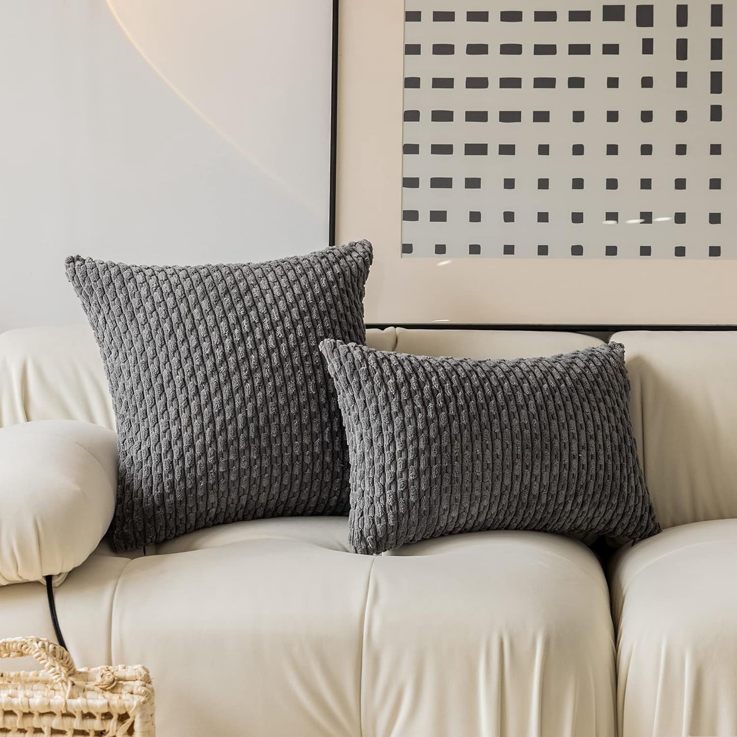 Holzlrgus Throw Pillow Cover Striped Pattern Decorative Soft Corduroy Cushion Covers Stripes for Living Room, Set of 2, 18x18 Inch, Dark Grey