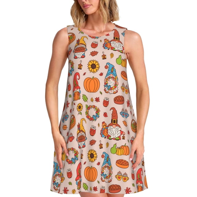 Bixox Robe Sans Manches Imprimée pour l'Automne et l'Action de Grâce pour Femmes avec Poches, Robe Décontractée Longueur Genou pour l'Été-Moyenne