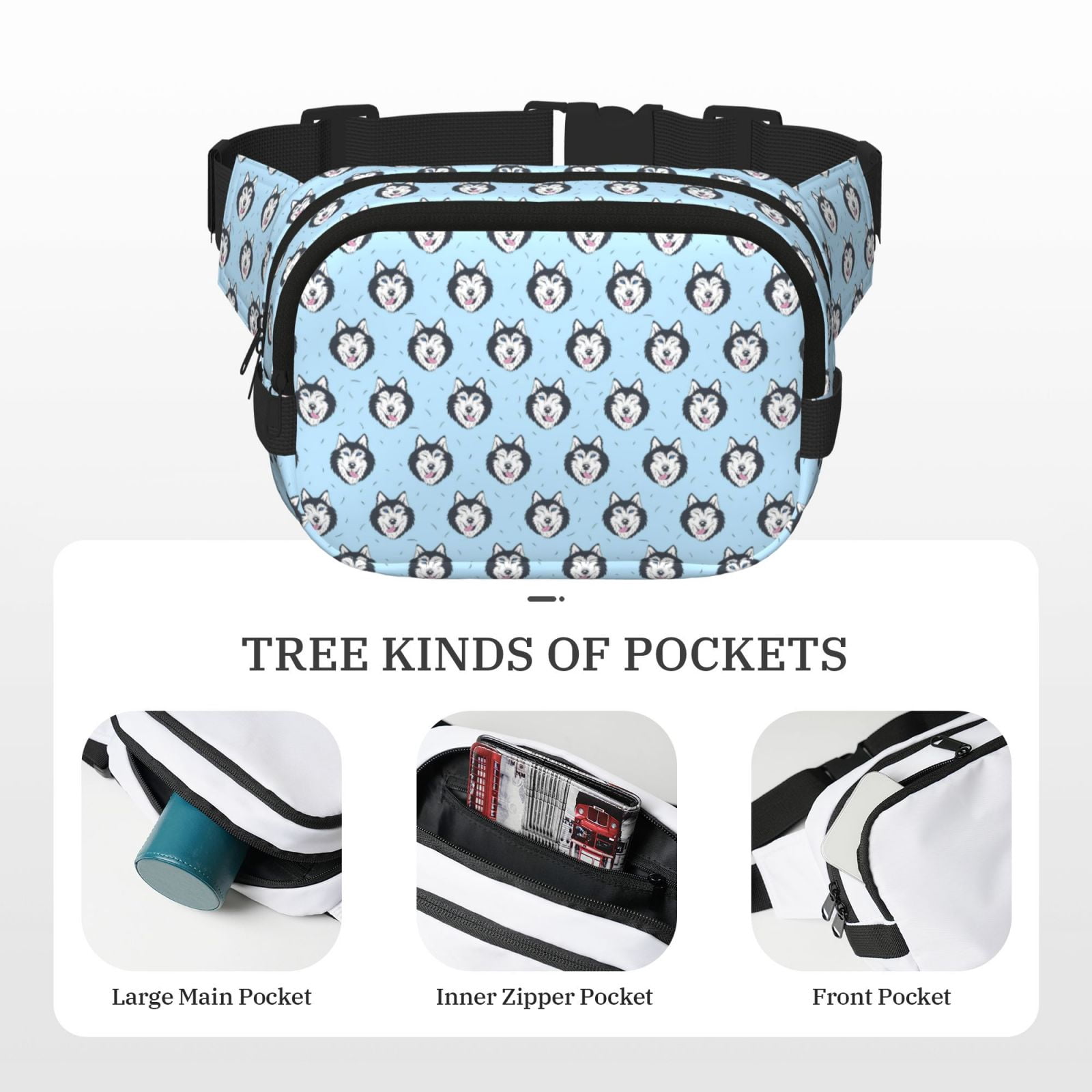 Kdxio Husky Head Crossbody Double Layer Waist Bag Belt Bag for Unisex Fanny Pack Fashion Waist Packs for Hiking Running Shopping Traveling