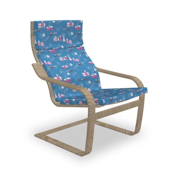 Christmas Armchair Pad and Slipcover, Cartoonish Noel Scenery with Trees Santa Deer Buildings and Snowflakes, 1 Piece Soft Cushion Replacement with Removable Cover, Sea Blue Multicolor, by Ambesonne