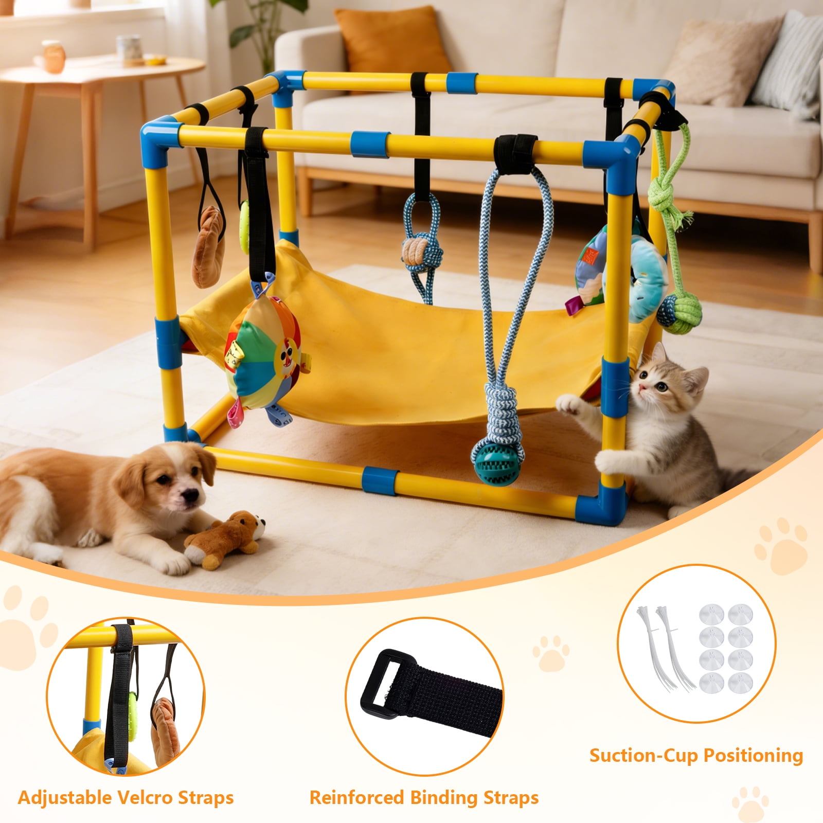 JDNRXO Puppy Play Gym with Hammock - 8 Hanging Toys & Enrichment Center for Small Dogs, Adjustable PVC Indoor Jungle Gym with Bungee Straps