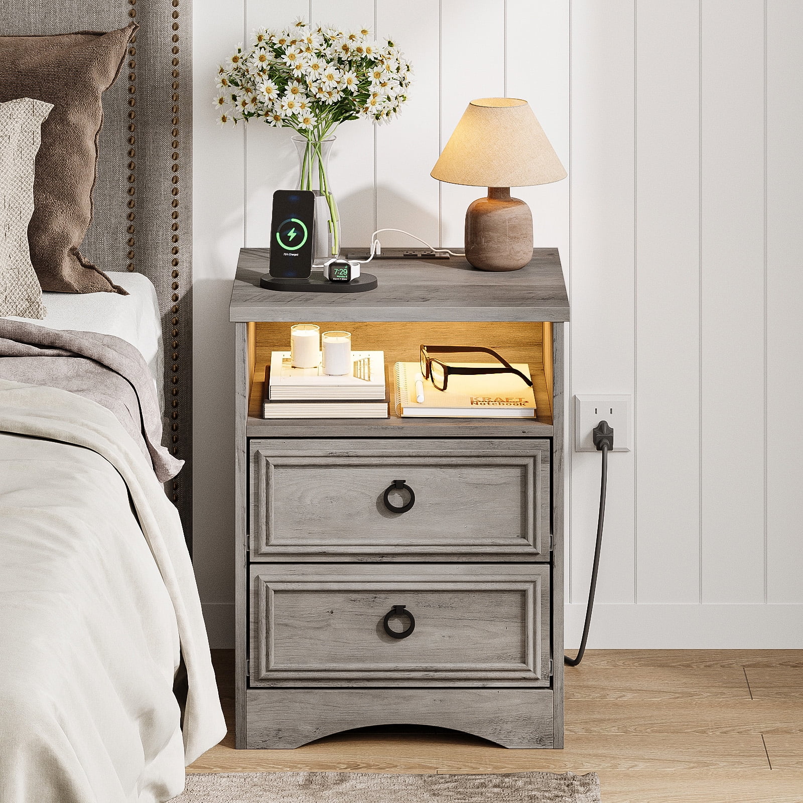 Nightstand Bedside Table with Charging Station Set of 2, 2 Drawer LED Dresser for Bedroom Furniture, Gray
