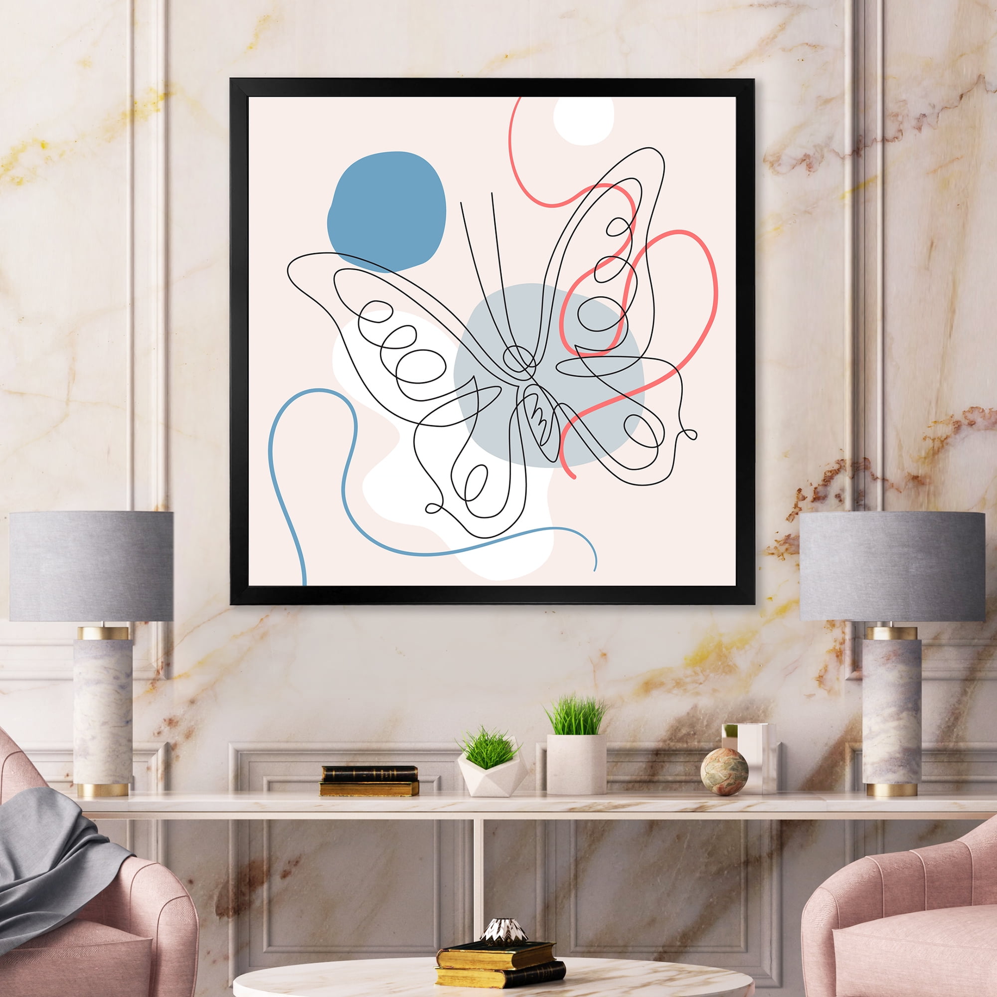 Designart 'One Line Butterfly Drawing On Cubism Shapes III' Modern Framed Art Print