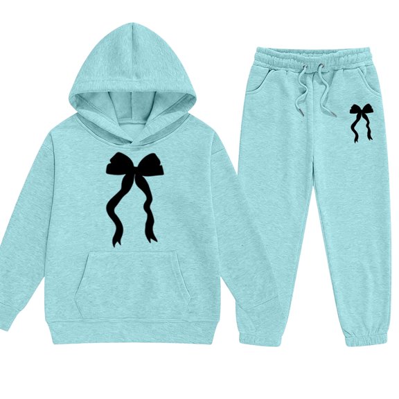 Girls Bow Print Hoodie 2 Piece Tracksuit, Kids Long Sleeve Hooded Sweatshirt Jogger Pants Set for School Daily Casual Wear(Sky Blue1,6-7 Years)