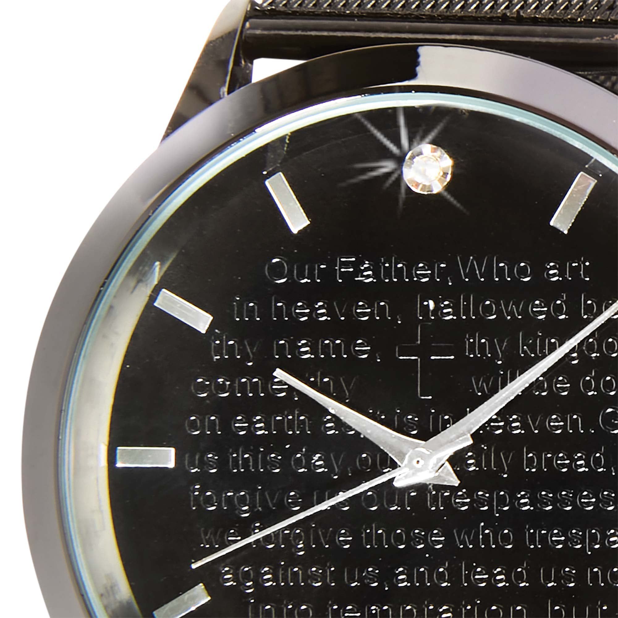 Steeltime Men's Stainless Steel Lords Prayer Analog Watch with a Stylish Black Mesh Band and Genuine Diamond
