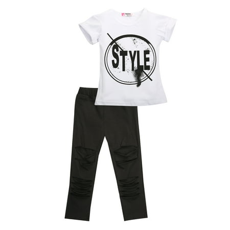 

Xiaoluokaixin Cotton Little Girls Short Sleeve Top+Ripped Pants Outfit 2-7Y
