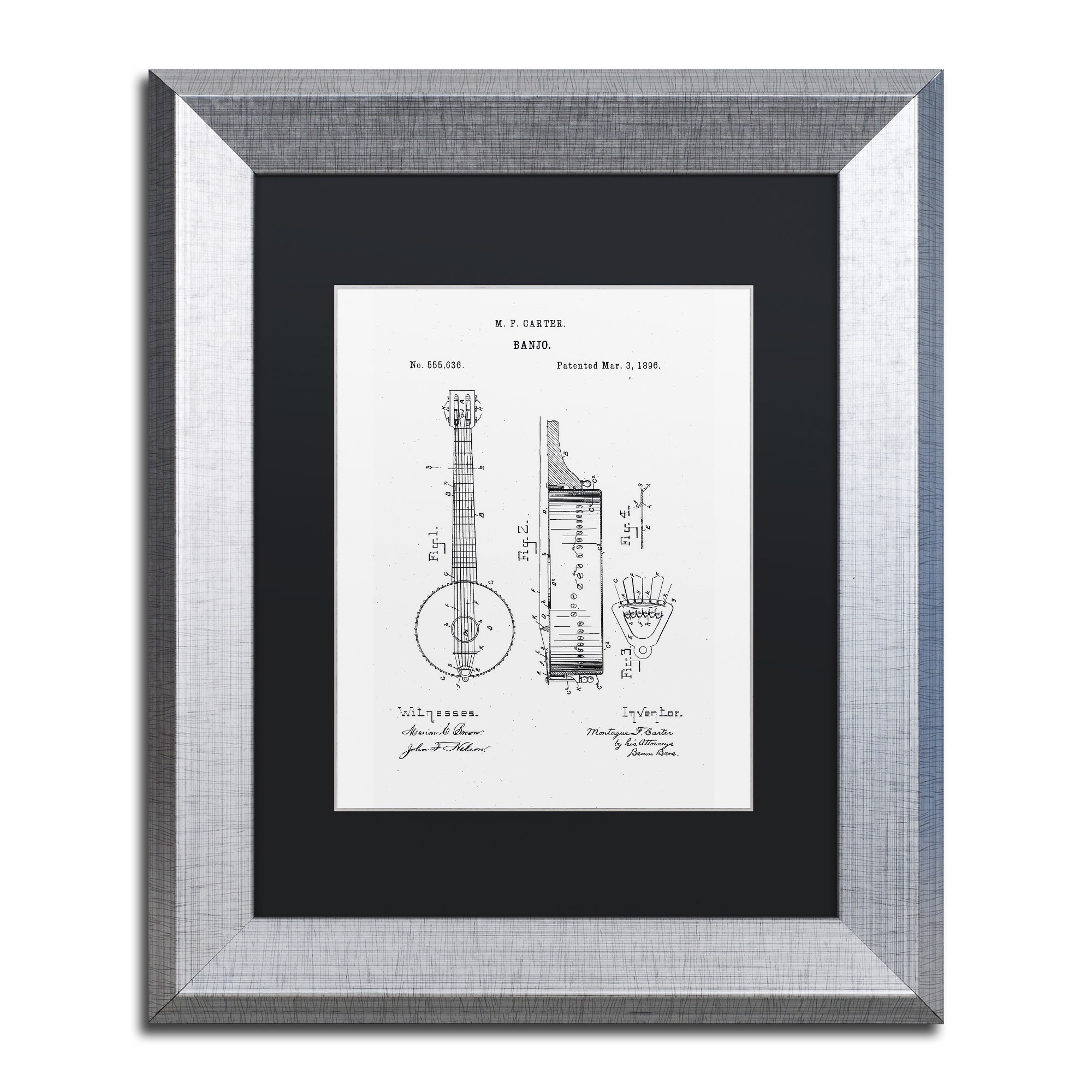 Trademark Fine Art "Vintage Banjo Patent 1896 White" Canvas Art by Claire Doherty Black Matte, Silver Frame