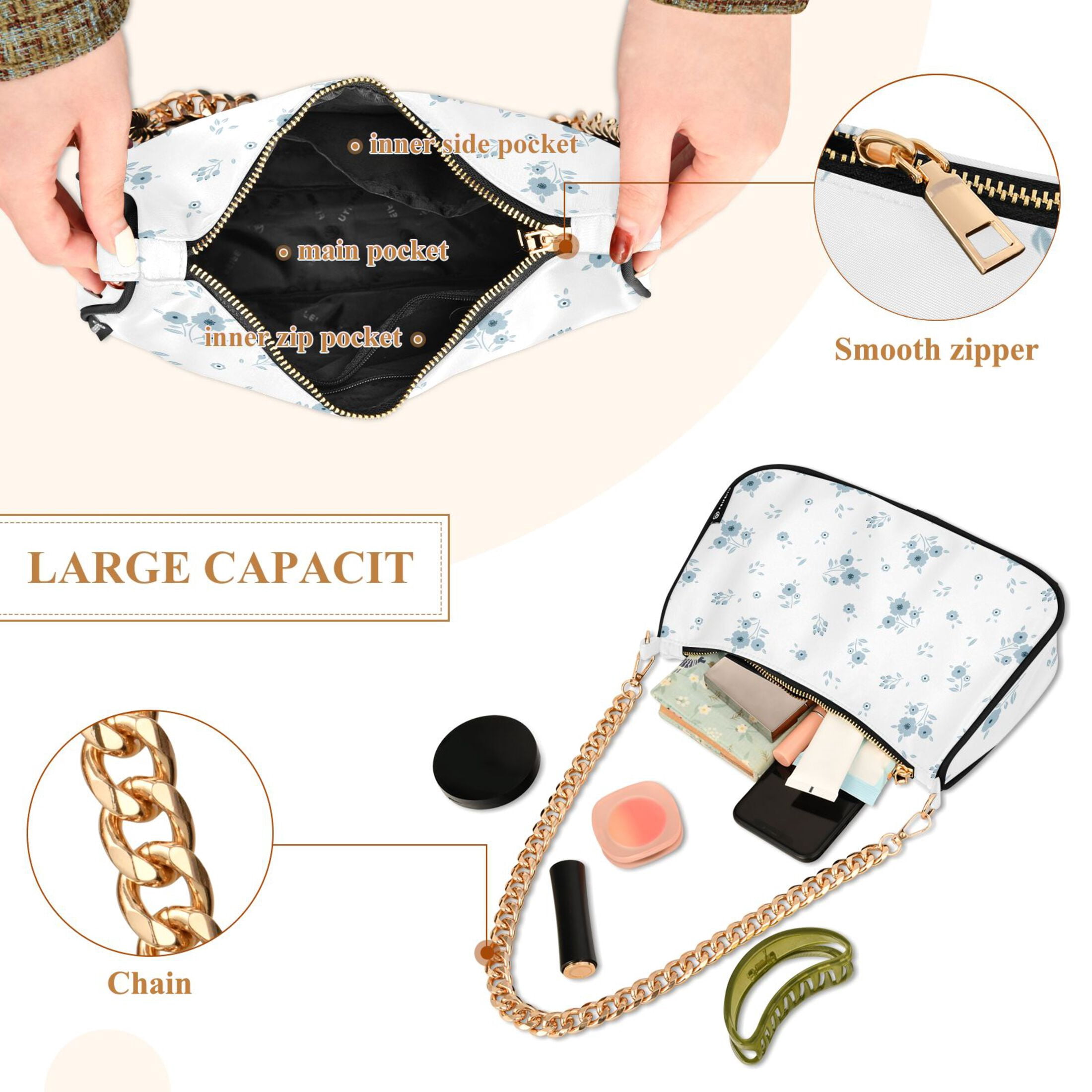 Cute Blue Floral Small Flower Womens Chain Shoulder Bag Tote Handbag Clutch Hobo Purse with Zipper for Travel Casual