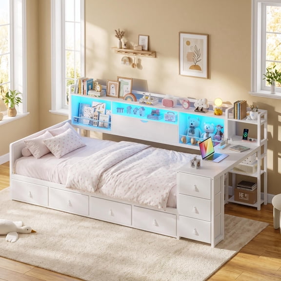 Toogaho Twin Daybed with Desk & Charging Station & Bookcase Storage,Metal Platform Bed Frame with 7 Storage Drawers & LED Light & Open Shelves,White