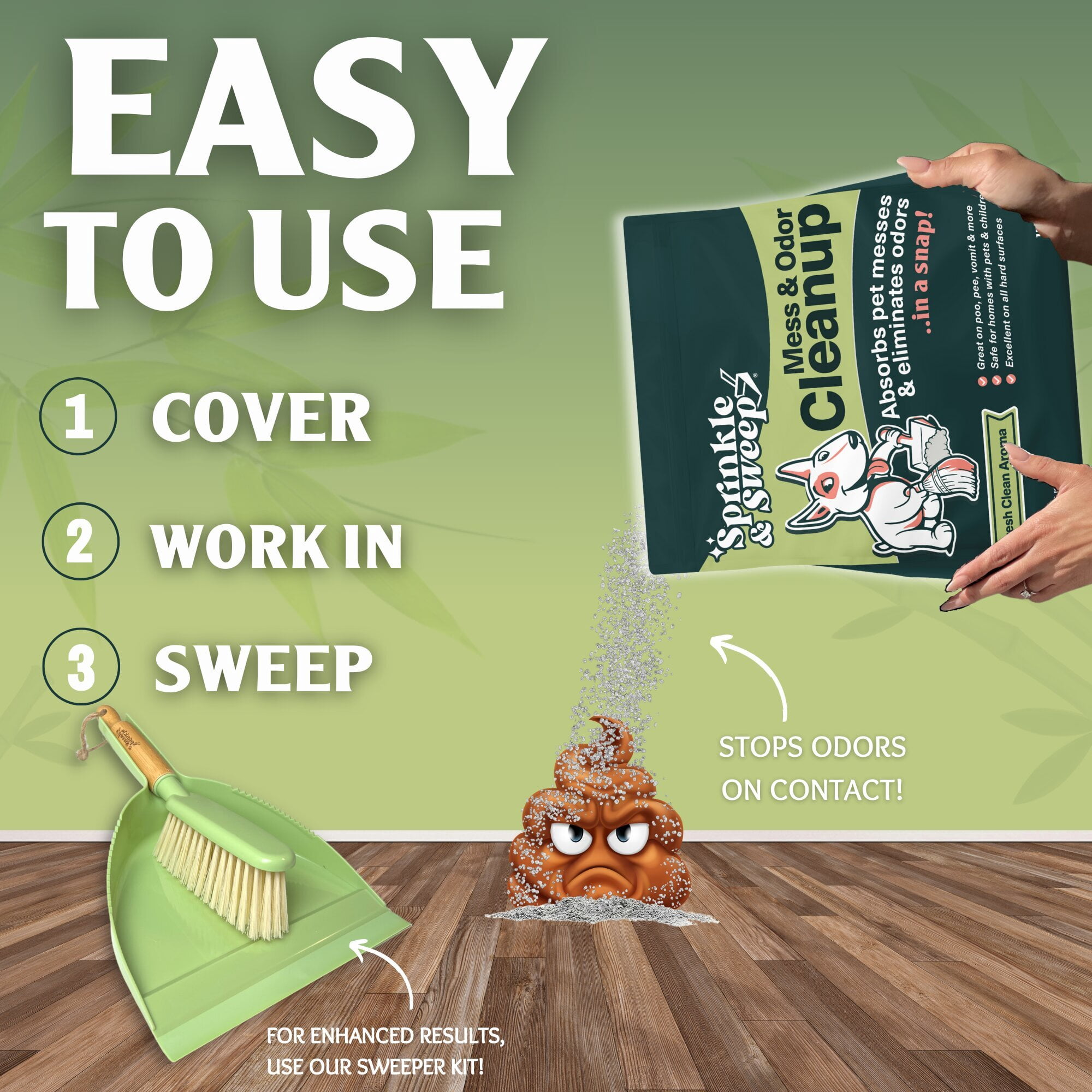 Sprinkle & Sweep: Pet Mess & Odor Cleanup Bundle - 15oz Bag, Dustpan Broom, 24oz Enzyme Stain Spray - Dog Accident Clumping Powder & Spot Treatment