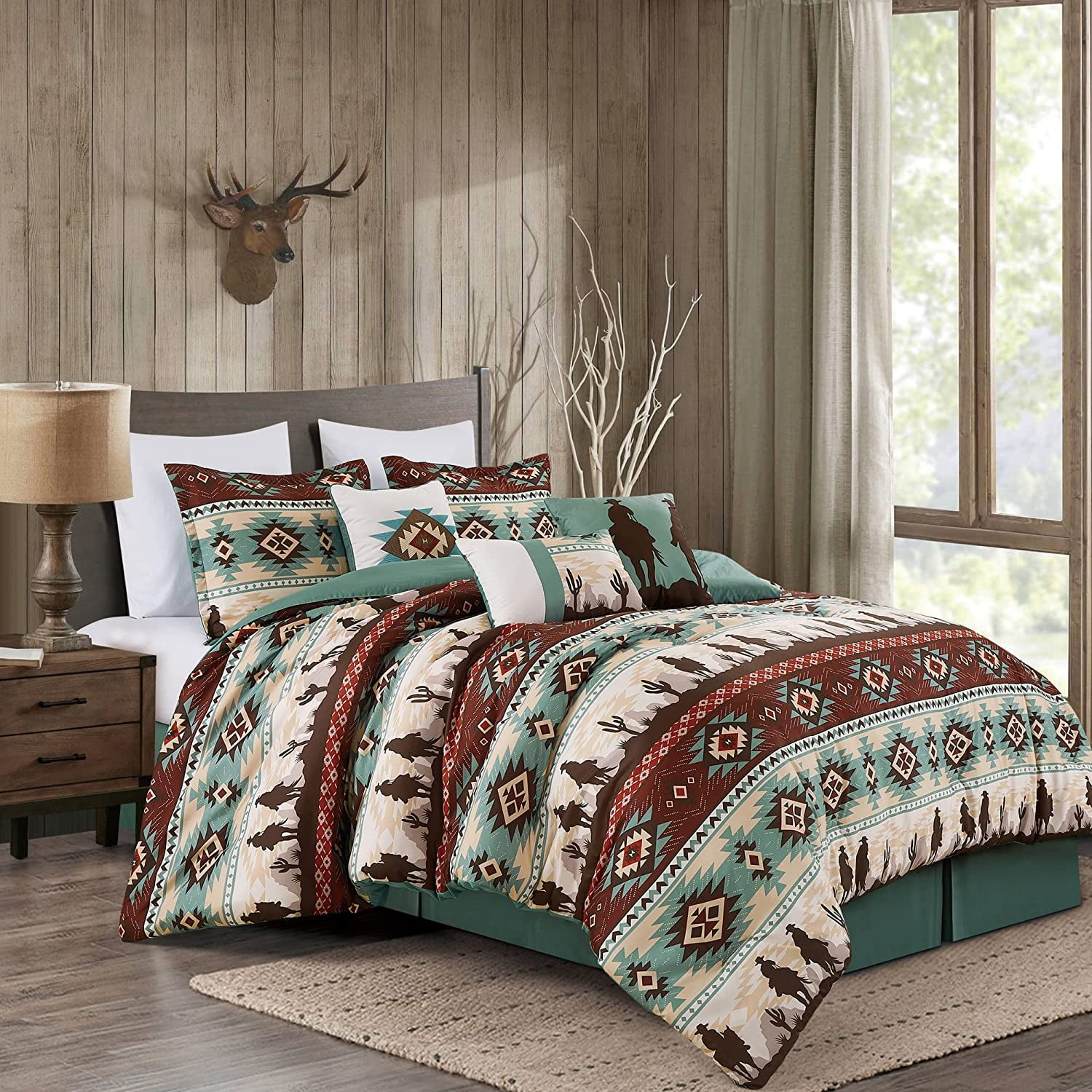 Chezmoi Collection Dune 7-Piece Southwestern Cowboys Comforter Set, Multicolor Teal Brown Beige Tan Red Printed Washed Microfiber Bedding, Oversized King