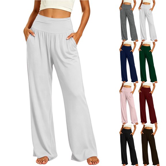 Smsaxvxz Womens Wide Leg Pants Casual Solid High Waist Stretch Yoga Pant Soft Comfy Athletic Running Trousers White XL