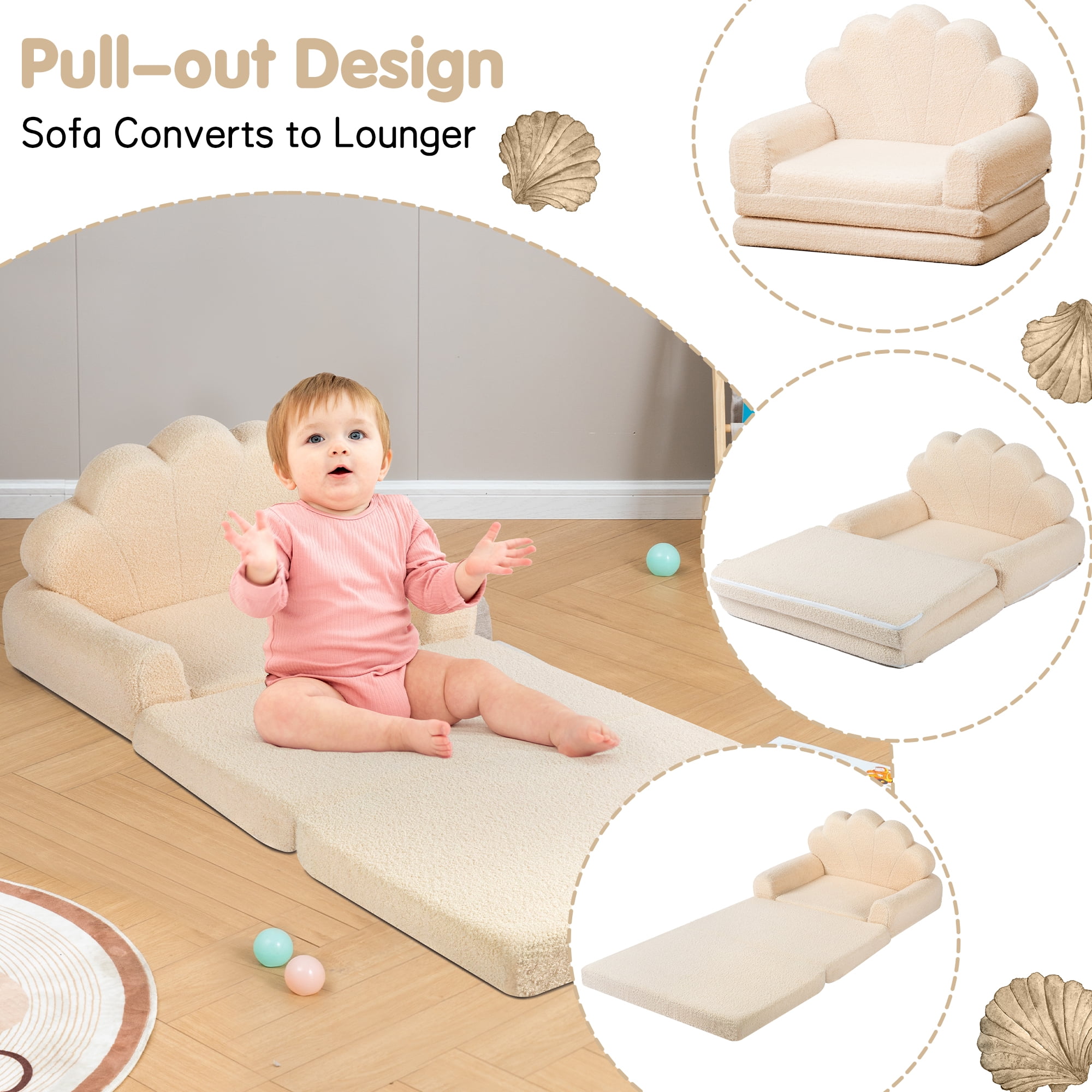 spanspace Kids Chairs for Toddler,Flip-Out 2-in-1 Convertible Chair to Lounger for Girls and Boys, Teddy Fleece Fabric,Cream