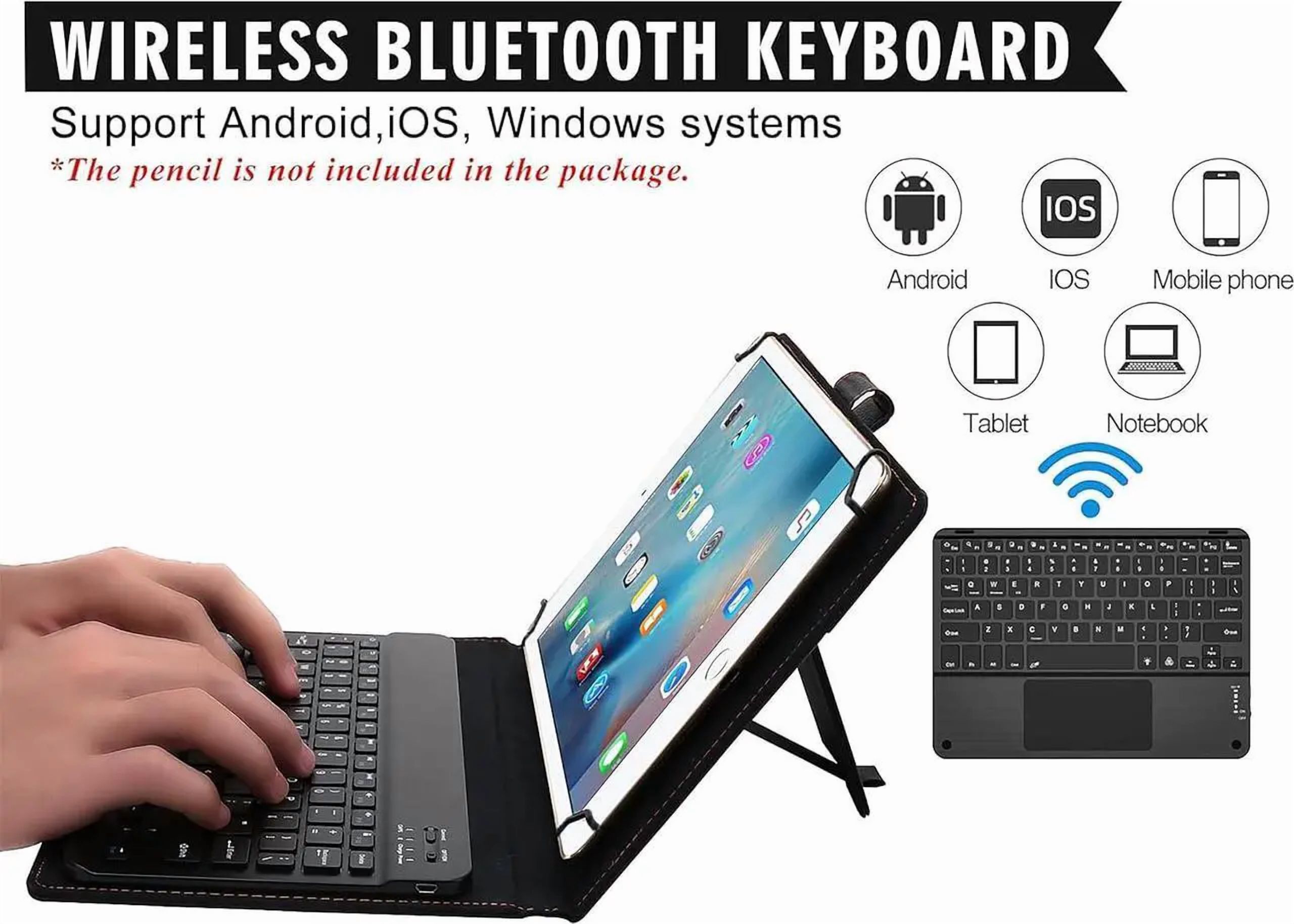 Universal Keyboard Case for 9 - 11 inch Tablet with Touchpad, 2-in-1 Bluetooth Wireless Keyboard Case for 9" 9.7" 10.1" 10.2" 10.5" 10.9" 11" with Touchpad 7 Colors Backlit Leather Folio Cover