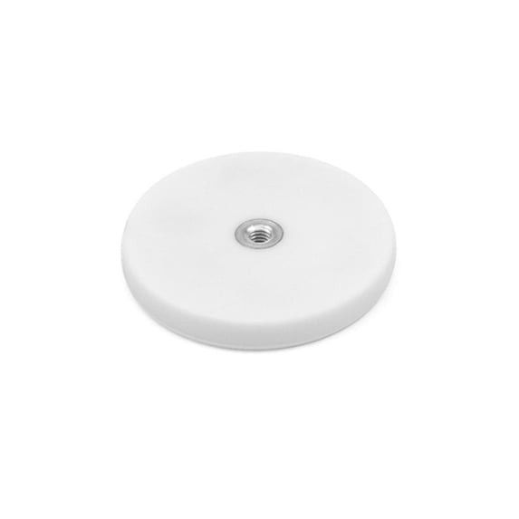 White Rubber Coated POS Magnets Countersunk with M4 Boss Thread (Flush x 3mm deep) - 43mm dia x 6mm high - 8kg Pull