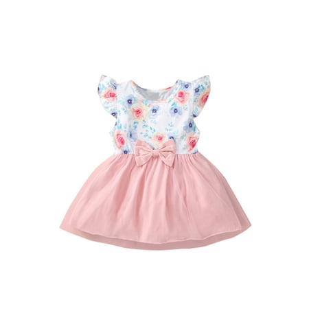 

Multitrust Baby Girl Flying Sleeve Dress Round Neck Floral Pattern Patchwork A-Line Dress Two-Layer Hem Bowknot Dress