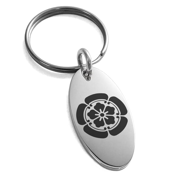 Stainless Steel Nobunaga Oda Samurai Crest Engraved Small Oval Charm Keychain Keyring