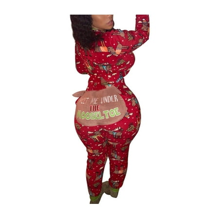 

Women Sexy Christmas Butt Flap Pajamas Deep V Jumpsuit Bodycon Onesie Long Sleeve Rompers Sleepwear