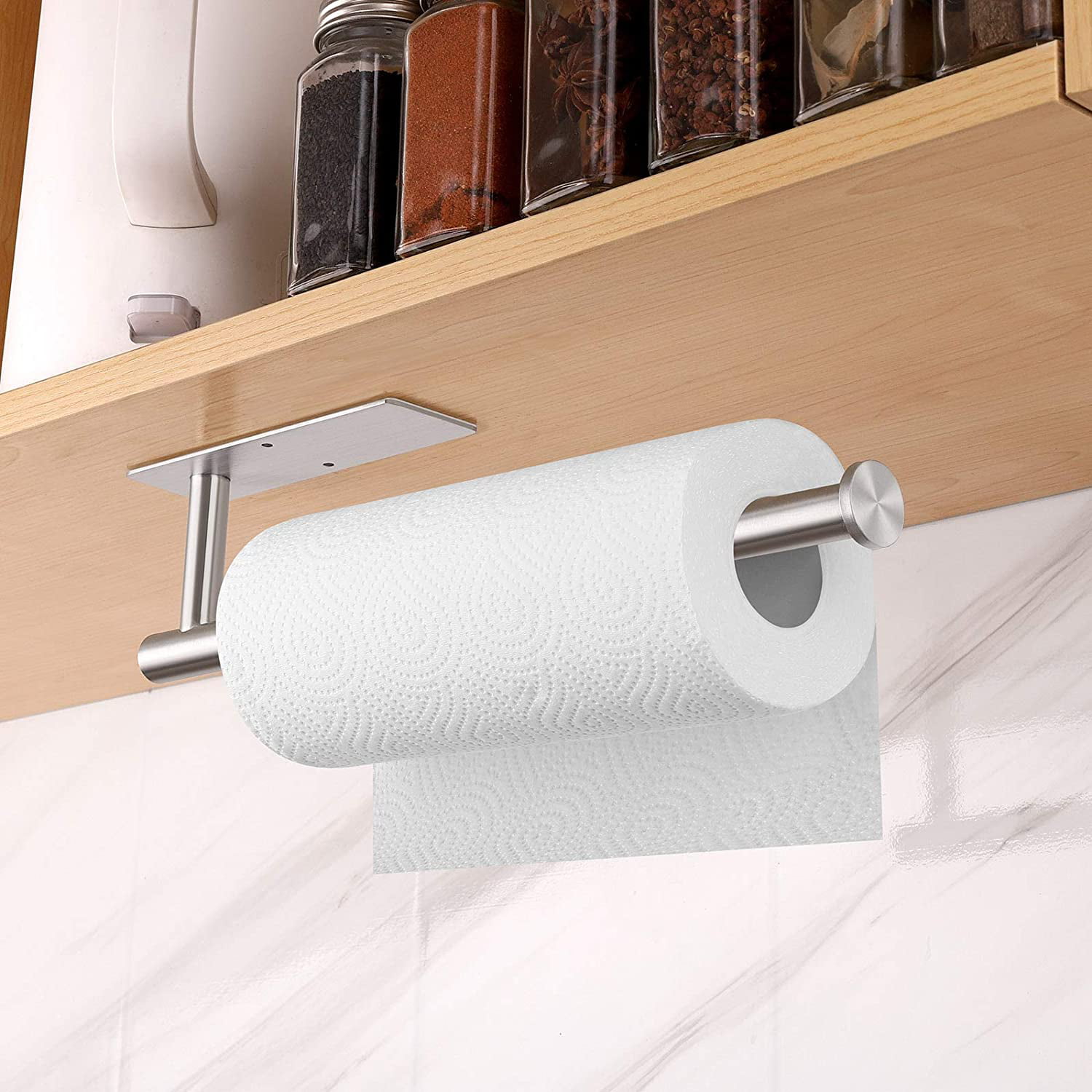 cabinets wall bathroom SUS304 Stainless Steel Silver Adhesive Paper Towel Holder for Kitchen Paper Towel Holder Under Kitchen Cabinet Wall Mount Paper Towel Holder Self Adhesive or Drilling 