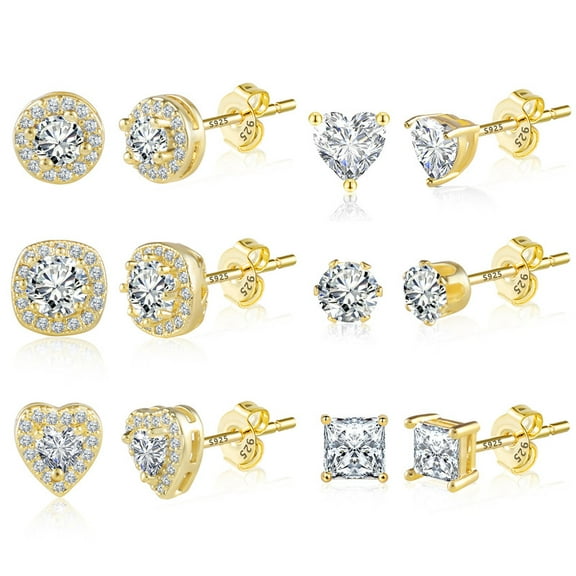 Alexcraft 6 Pairs Stud Earrings Set - 14K Gold Plated Hypoallergenic Cubic Zirconia Round Square Heart CZ Stud Earring for Women and Men