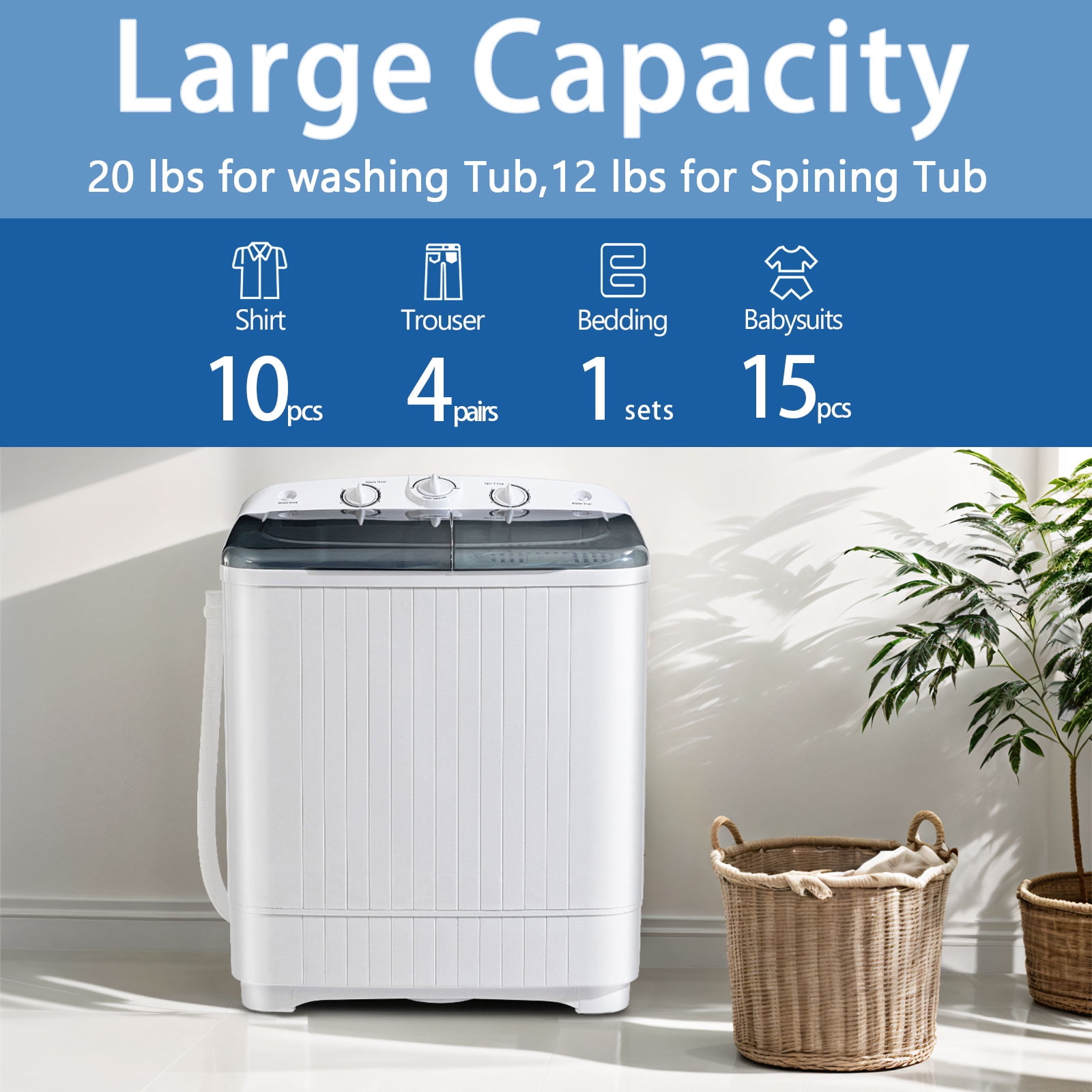 Erivess 20lbs Portable Twin Tub Washing Machine with 12lbs Drain