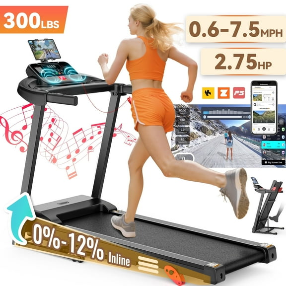 2.75HP Folding Treadmill for Home, Treadmill with 300lbs Capacity, Treadmill with incline, 0.6-7.5MPH, 64 3 3 1 Programs