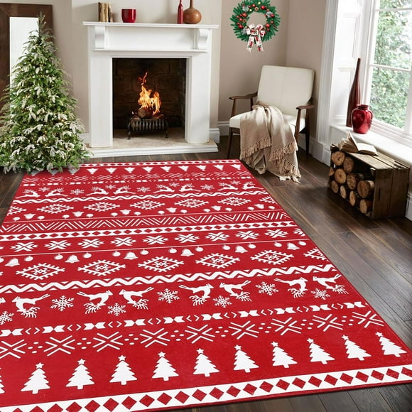 HiiARug Tapis de Noël 5x7 Rouge Flocon de Neige Arbre de Noël Tapis Lavable Antidérapant Géométrique Doux pour Salon Chambre Salle à Manger