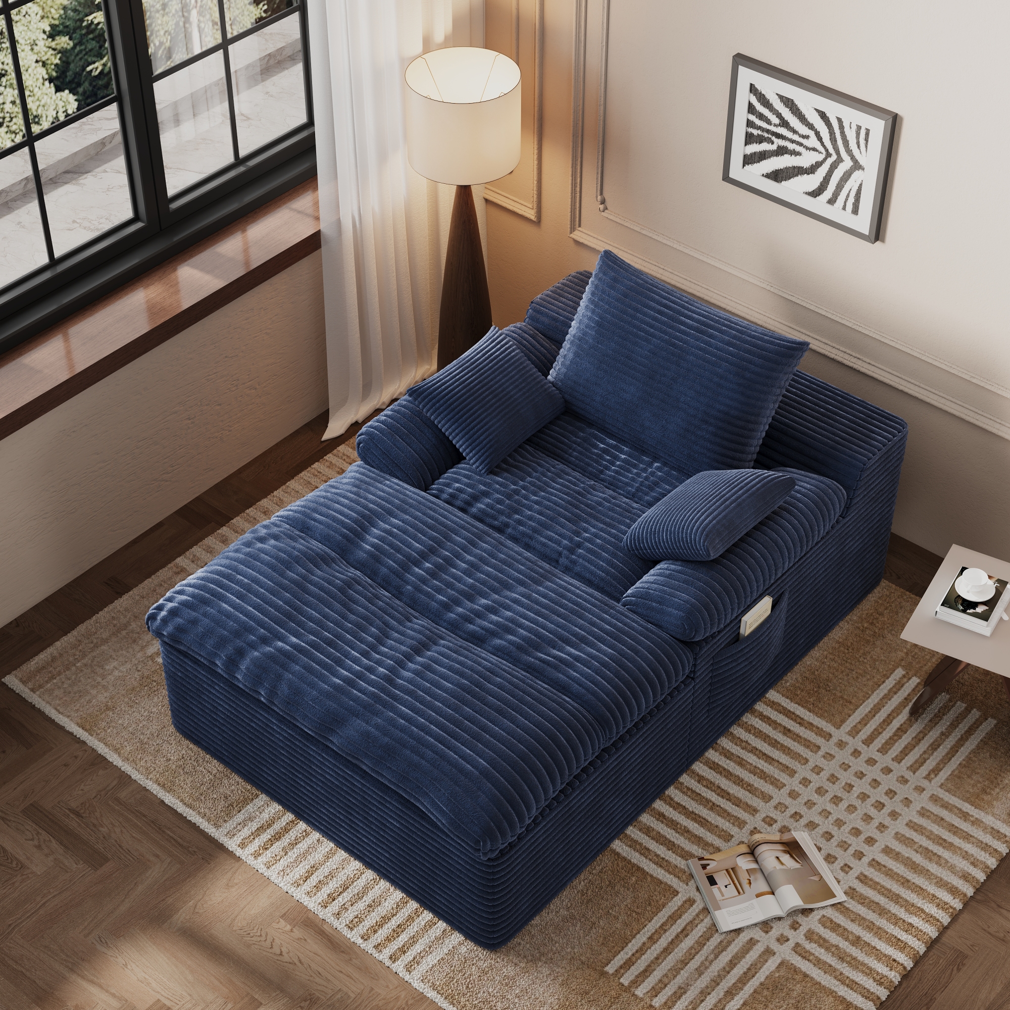 HOQBN 65" Chaise Lounge Chair Indoor,Oversized Boneless Sofa Bed with 3 Pillows,Cloud Reading Chair for Living Room Bedroom, Deep Seat Sleeper Couch, No Assembly Required,Aged Blue