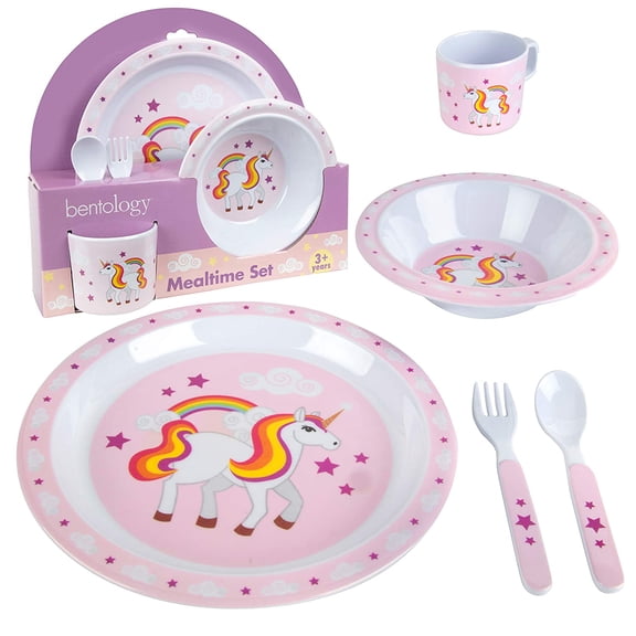 Bentology 5 Piece Mealtime Baby Feeding Set for Kids and Toddlers - Includes Plate, Bowl, Cup, Fork and Spoon Utensil Flatware - Durable, Dishwasher Safe, BPA Free - Unicorn