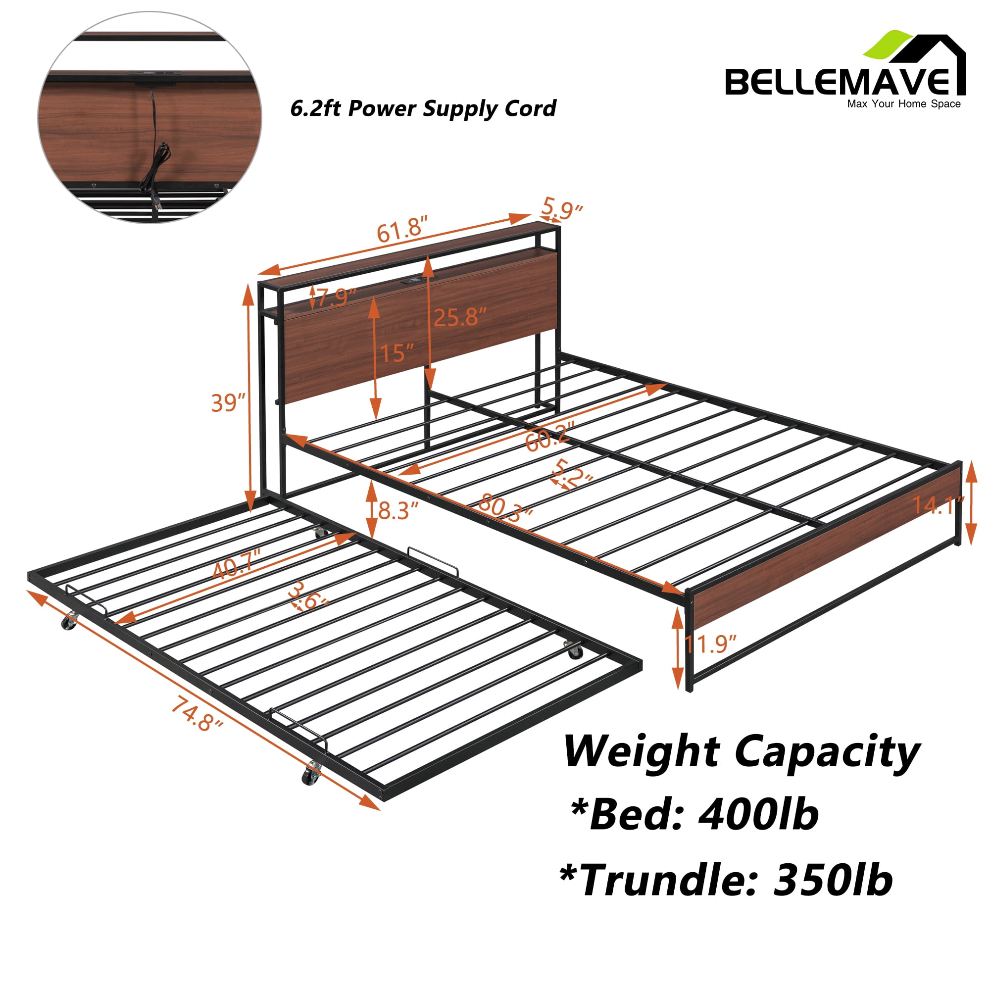 Bellemave Queen Platform Bed Frame with Twin Size Trundle, Usb Ports and Storage Shelf, Metal Queen Bed Frame with Headboard, Noise-Free, No Box Spring Needed(Black)