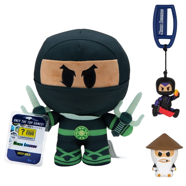 Paquete de coleccionista Devseries Ninja Legends: tres códigos de artículos virtuales exclusivos con Sensei Squooshems de peluche Ninja verde y colgador Skyraider